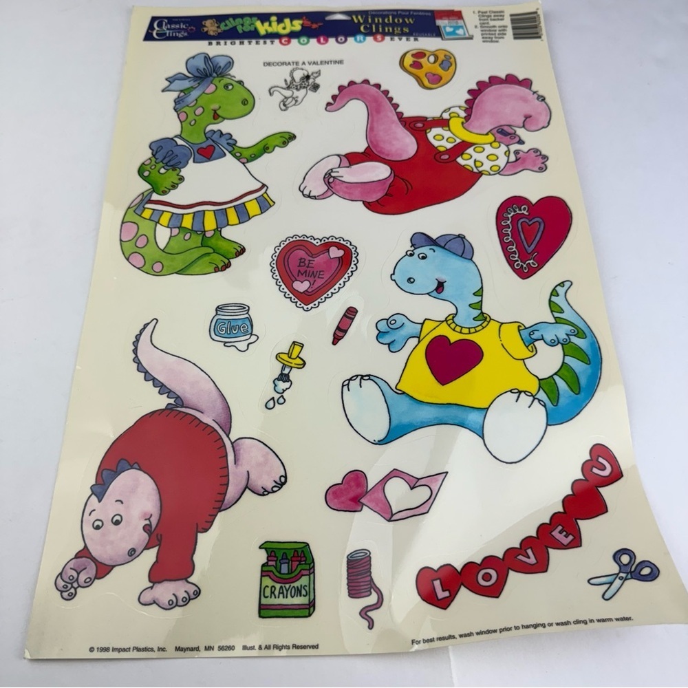 1998 Window Clings Valentines Day Dinosaur Classic Clings Clings for Kids NEW